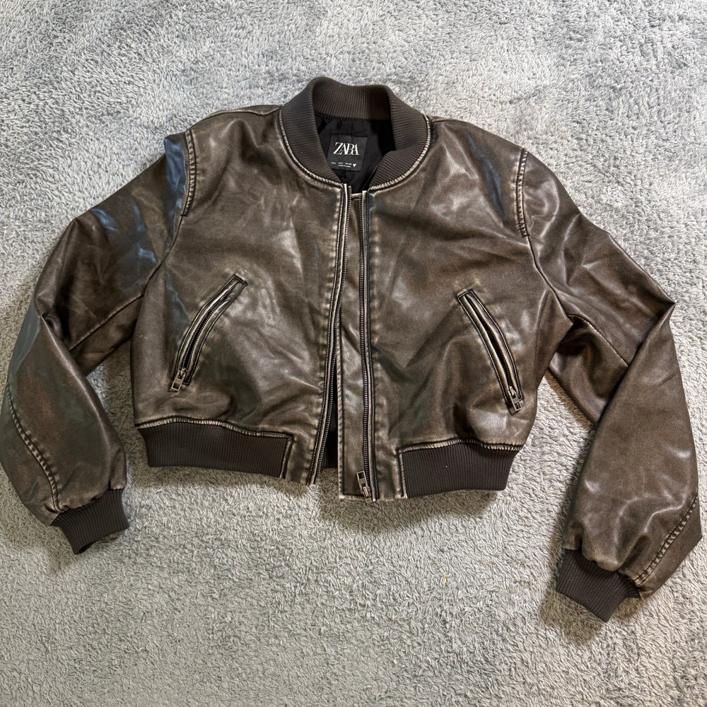 Zara Faux Leather Bomber Jacket Size L Distressed Brown Cropped Zip Up Outerwear